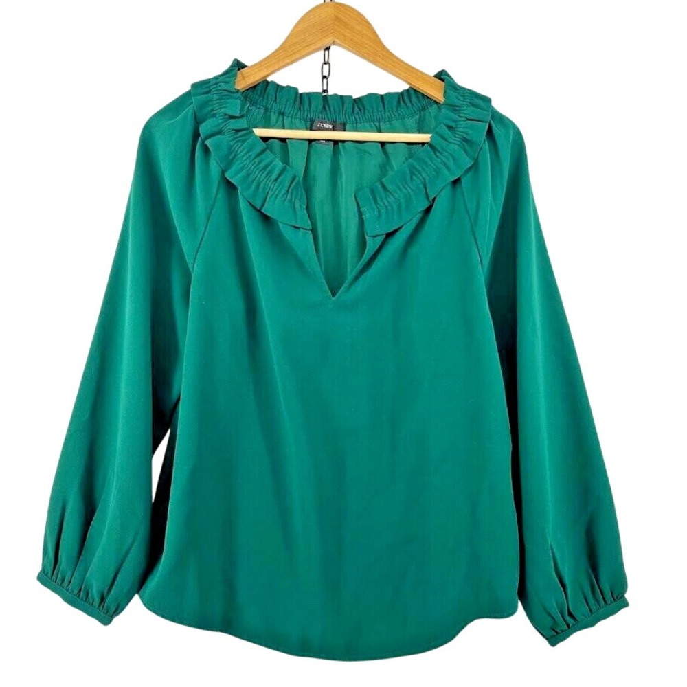 J. Crew Drapey V-Neck Ruffle Blouse‎ Women's Size Small Green Crepe Style# AS435